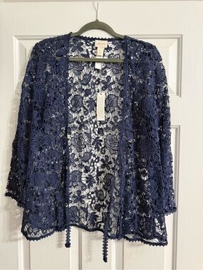 Chico's Navy Crochet Floral Openwork Cardigan size 0 NWT